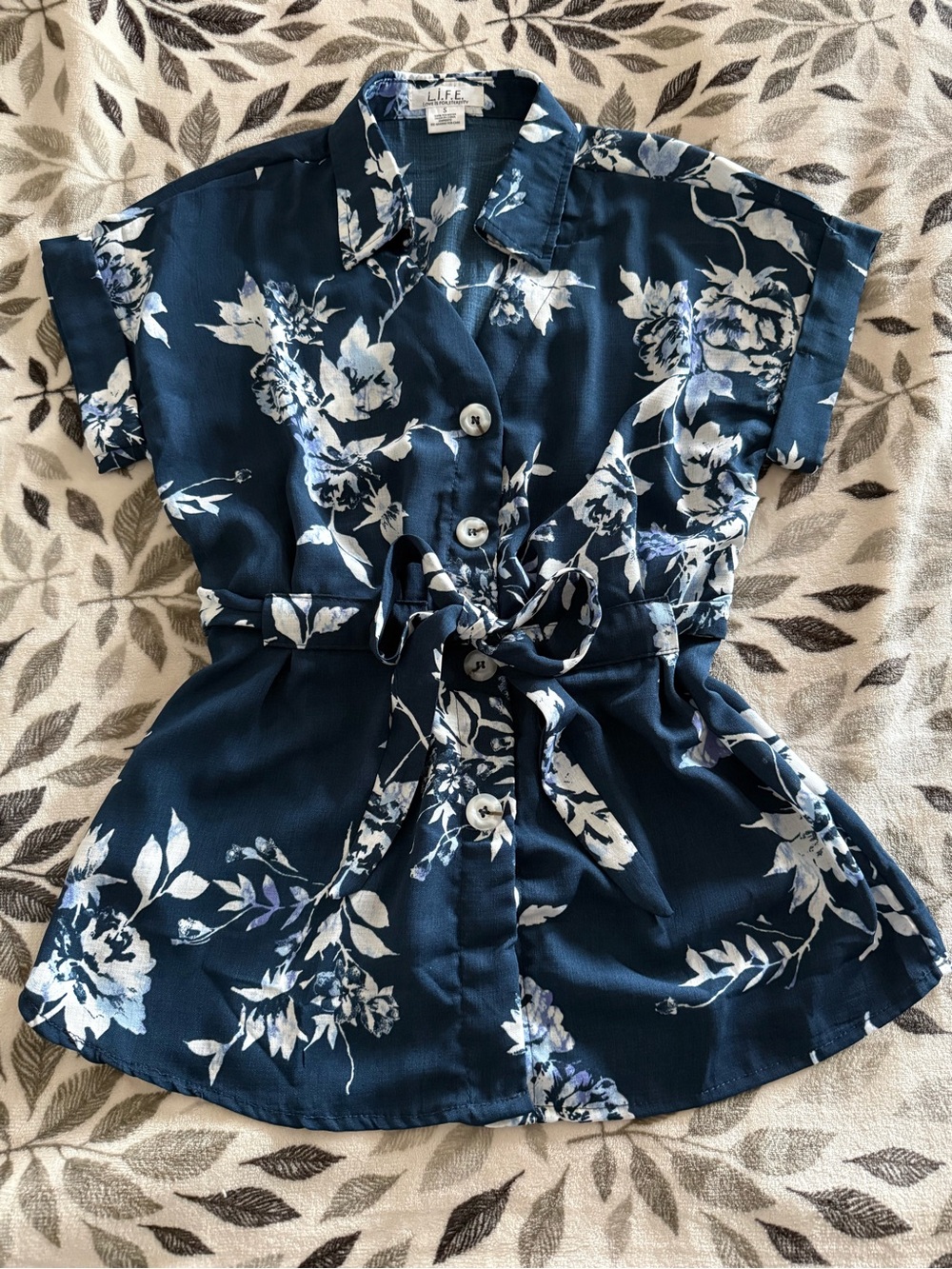 Navy Floral Tie-Waist Button Front Top
